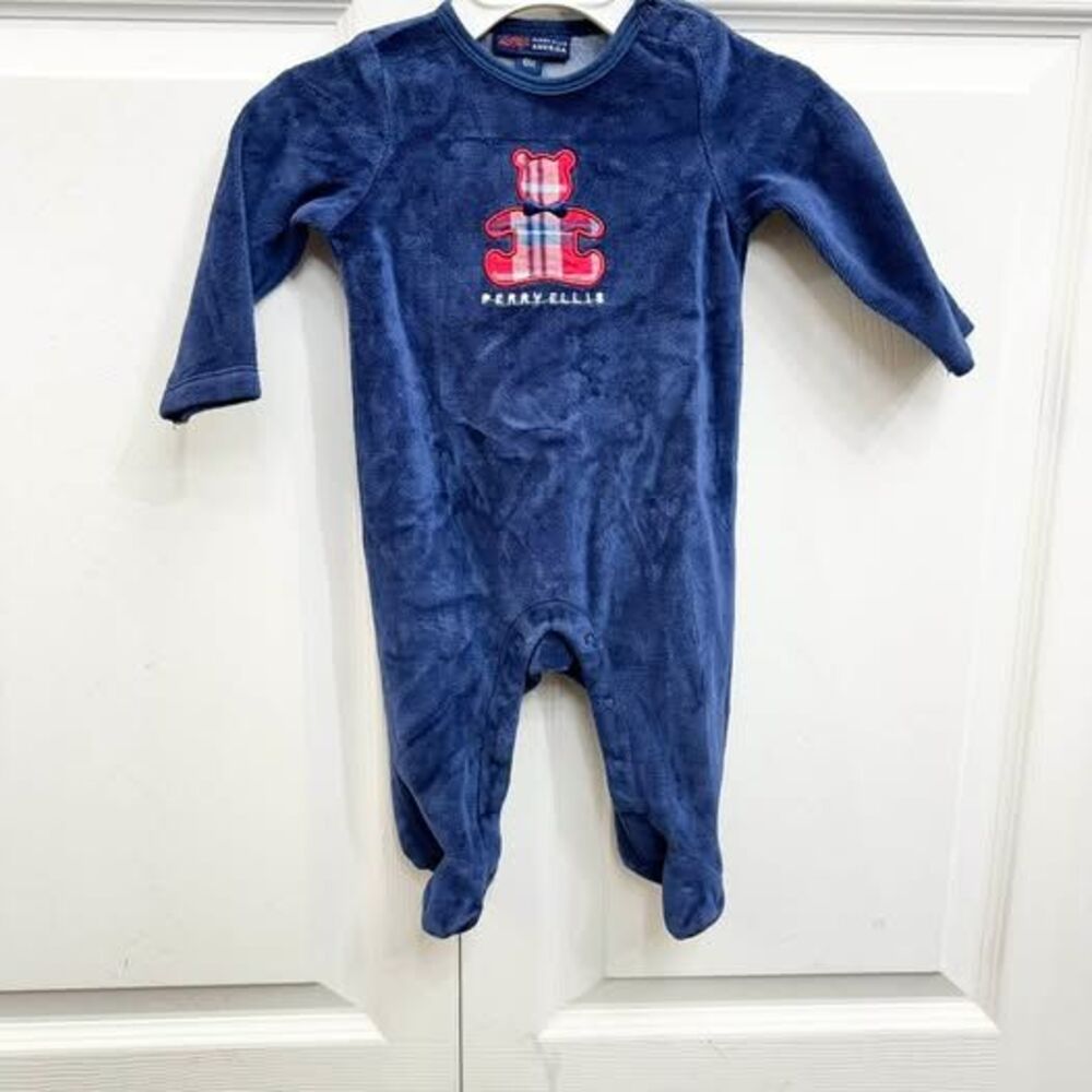 Perry Ellis America Blue Teddy Bear Baby Footie One-Piece 6M